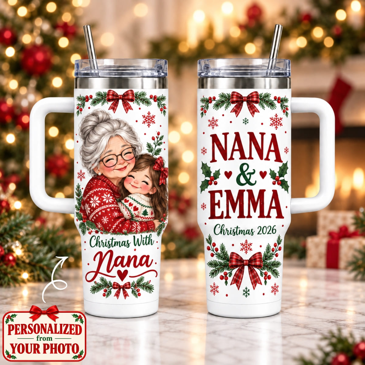 Personalized Grandma & Grandchild Christmas 40oz Tumbler with Handle – Custom Photo & Names | Christmas Gift | TBL01 Family