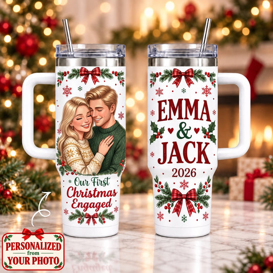 Personalized Our First Christmas Engaged 40oz Tumbler with Handle – Custom Photo & Names | Christmas Gift | TBL01 Couples