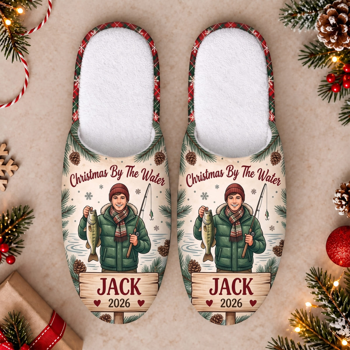 Personalized Fisherman Christmas By The Water Slippers - Custom Photo & Name | Christmas Gift | SLP01 Hobbies & Lifestyle