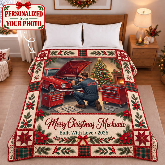 Personalized Merry Christmas Mechanic Quilted Blanket - Custom Photo & Name | Christmas Gift | QBL01 Occupations
