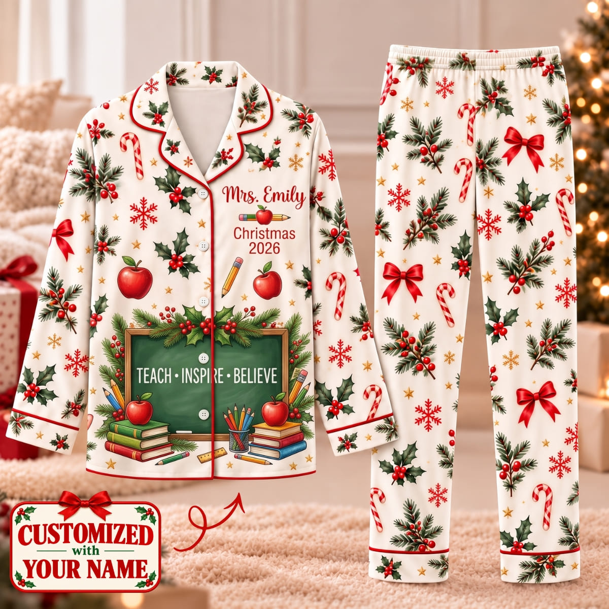 Personalized Teacher Christmas Long Pajama Set - Custom Name | Christmas Gift | PYM01 Occupations