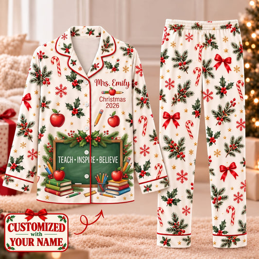 Personalized Teacher Christmas Long Pajama Set - Custom Name | Christmas Gift | PYM01 Occupations