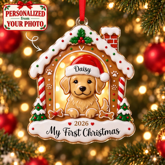 (Made In The USA) Personalized Pet My First Christmas Gingerbread House Acrylic Ornament - Custom Photo & Name | Christmas Gift | ONM02 Pets