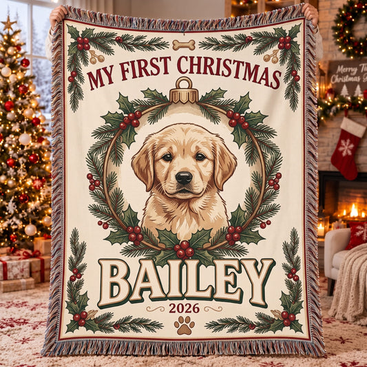 Personalized Pet My First Christmas Woven Blanket - Custom Photo & Name | Christmas Gift | WBL01 Pets