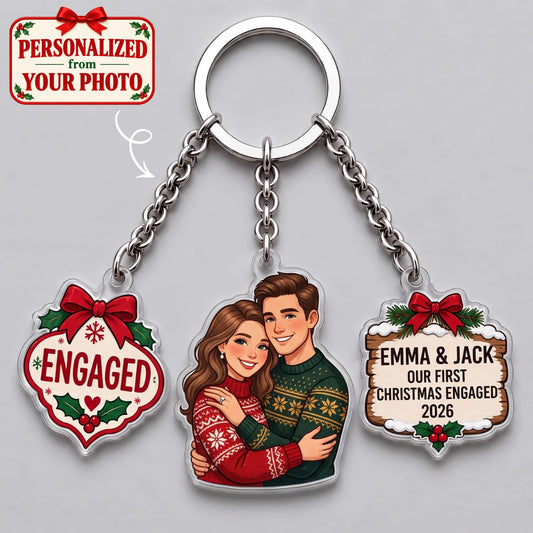 Personalized Our First Christmas Engaged Triple Charm Keychain - Custom Photo & Names | Christmas Gift | KC01 Couples