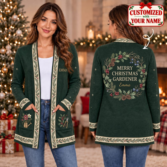 Personalized Merry Christmas Gardener Long Sleeve Cardigan - Custom Name | Christmas Gift | CDG01 Hobbies & Lifestyle