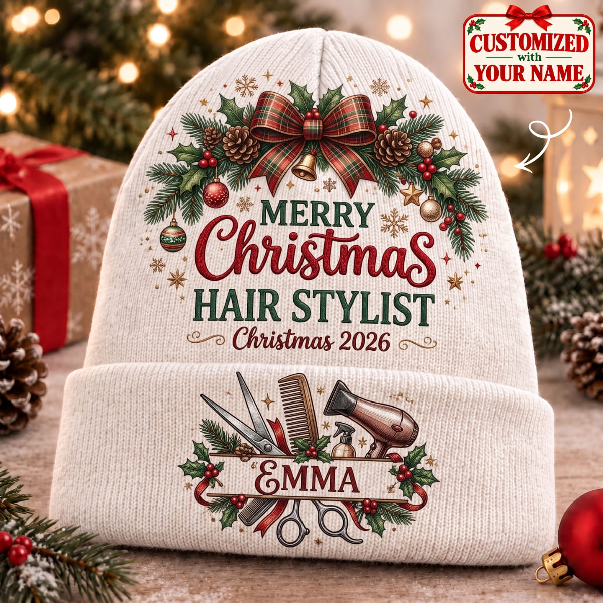 Personalized Merry Christmas Hair Stylist Knitted Hat - Custom Name | Christmas Gift | ML01 Occupations
