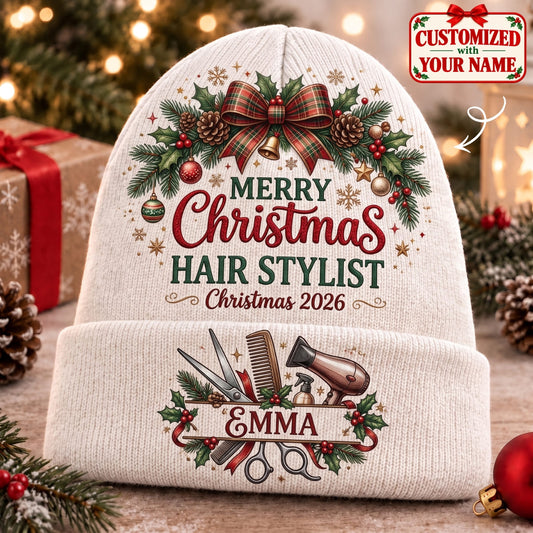 Personalized Merry Christmas Hair Stylist Knitted Hat - Custom Name | Christmas Gift | ML01 Occupations