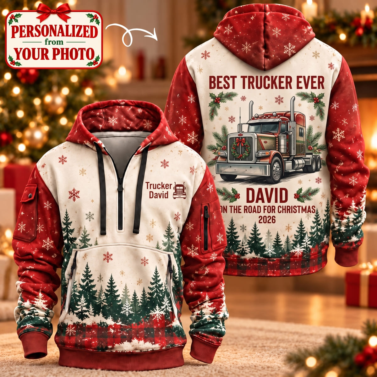 Personalized Trucker Christmas Quarter Zipper Hoodie - Custom Name | Christmas Gift | HDZ01 Occupations