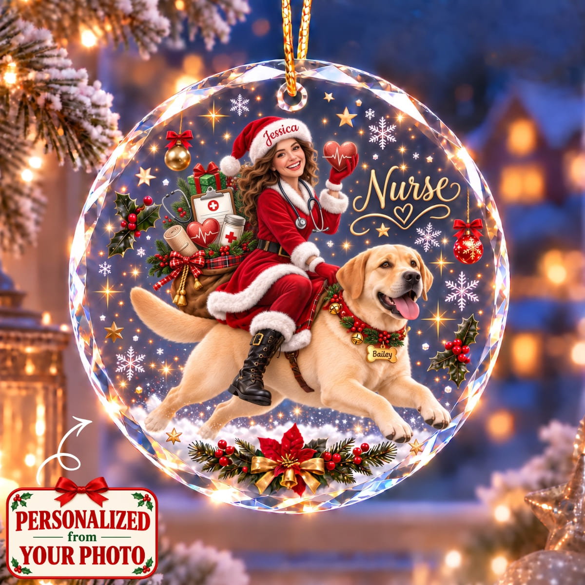 (Made In The USA) Personalized Nurse & Pet Christmas Round Glass Ornament - Custom Photo, Name & Pet | Christmas Gift | ONM01 Occupations