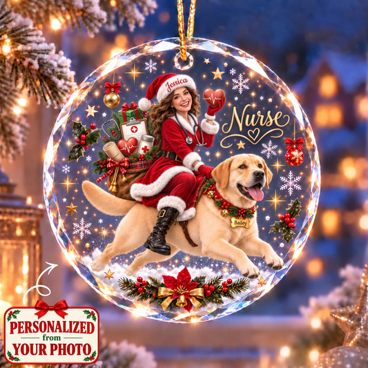 (Made In The USA) Personalized Nurse & Pet Christmas Round Glass Ornament - Custom Photo, Name & Pet | Christmas Gift | ONM01 Occupations