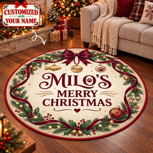 Personalized Cat Christmas Round Rug - Custom Name | Christmas Gift | RRD01 Pets