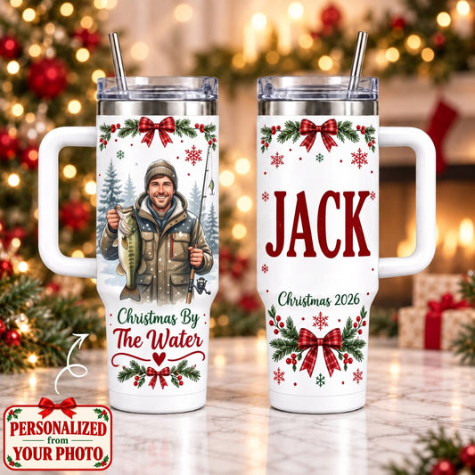 Personalized Fishing Christmas 40oz Tumbler with Handle – Custom Photo & Names | Christmas Gift | TBL01 Hobbies & Lifestyle