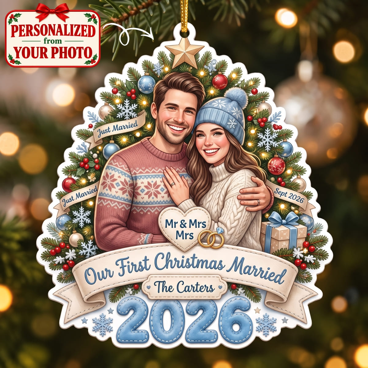 (Made In The USA) Personalized Our First Christmas Married Blue Christmas Ornament - Custom Photo & Name | Christmas Gift | ONM04 Couples