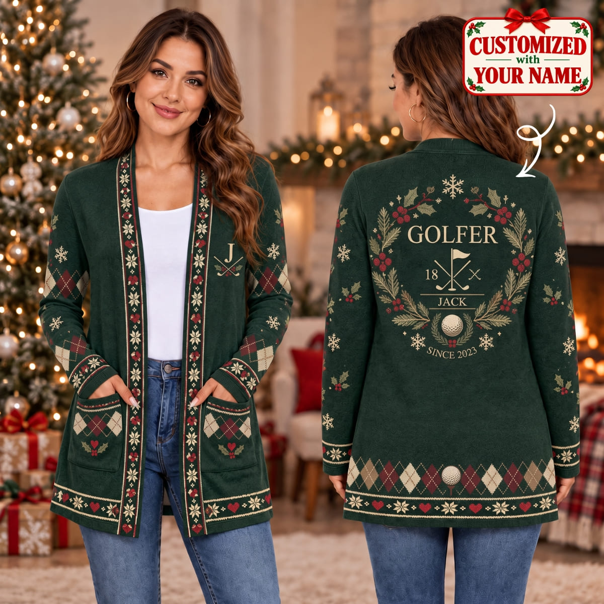Personalized Merry Christmas Golfer Long Sleeve Cardigan - Custom Name | Christmas Gift | CDG01 Hobbies & Lifestyle