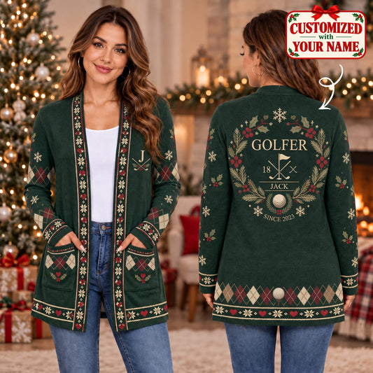 Personalized Merry Christmas Golfer Long Sleeve Cardigan - Custom Name | Christmas Gift | CDG01 Hobbies & Lifestyle
