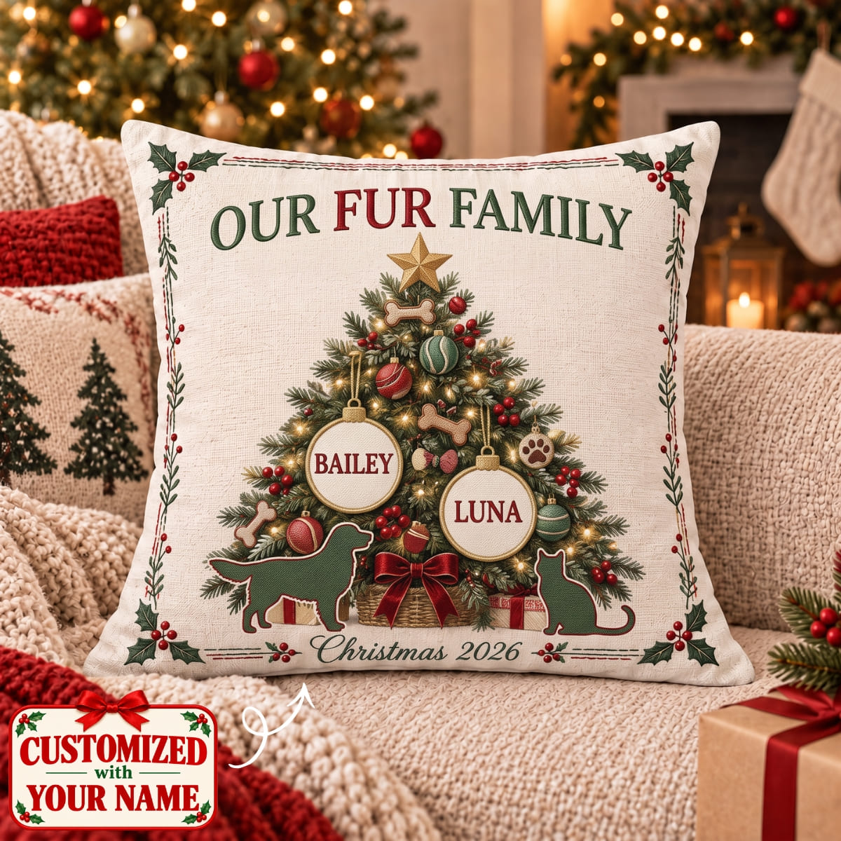 Personalized Pet Our Fur Family Pillow - Custom Name | Christmas Gift | HPL01 Pets