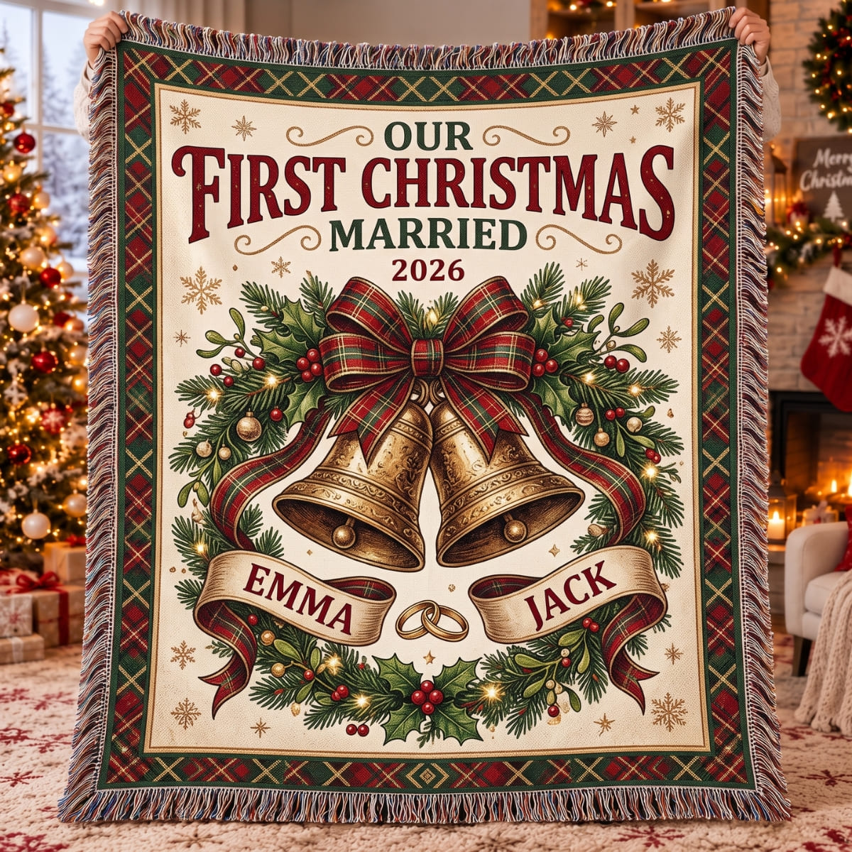 Personalized Our First Christmas Married Woven Blanket - Custom Name | Christmas Gift | WBL01 Couples