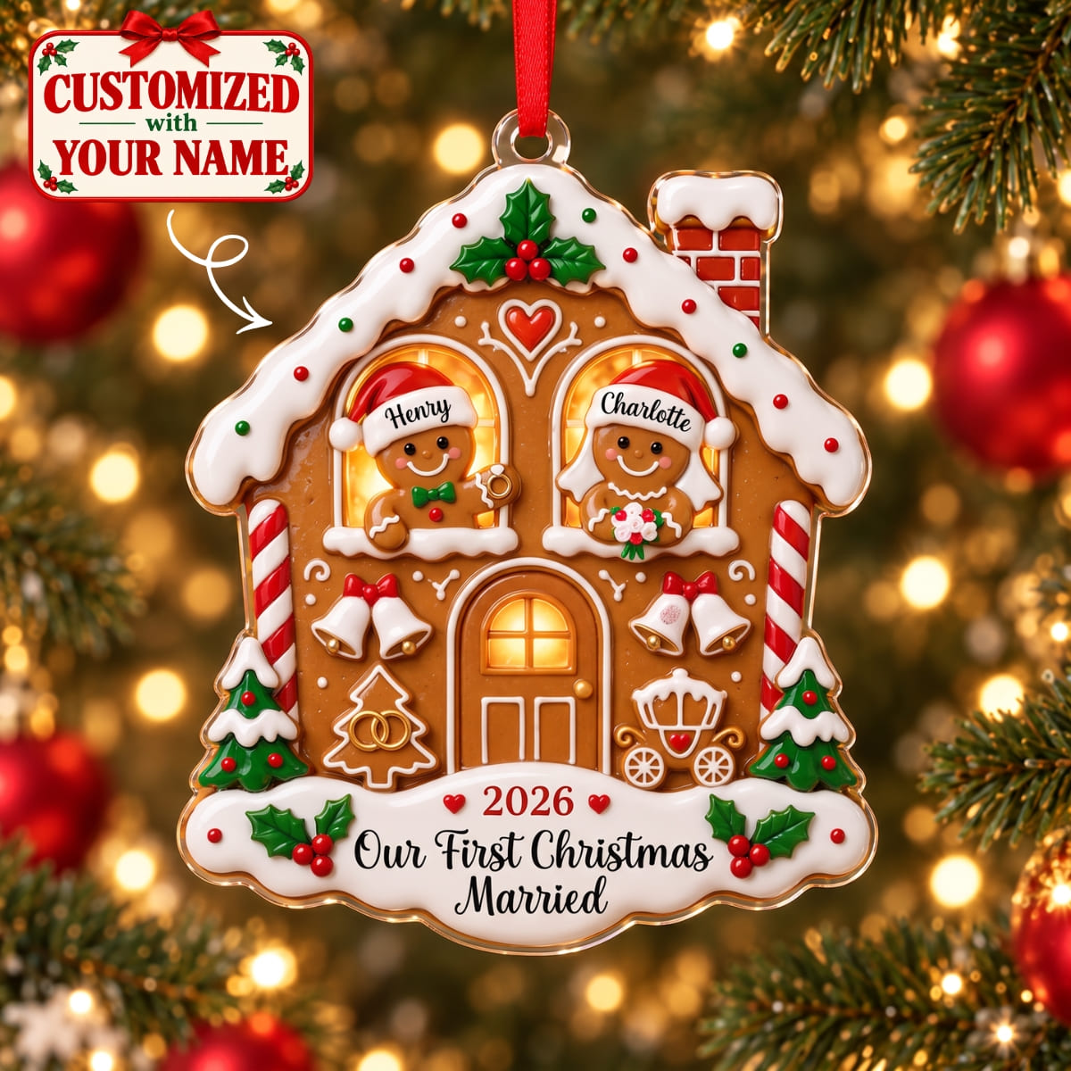 (Made In The USA) Personalized Our First Christmas Married Gingerbread House Acrylic Ornament - Custom Name | Christmas Gift | ONM02 Couples