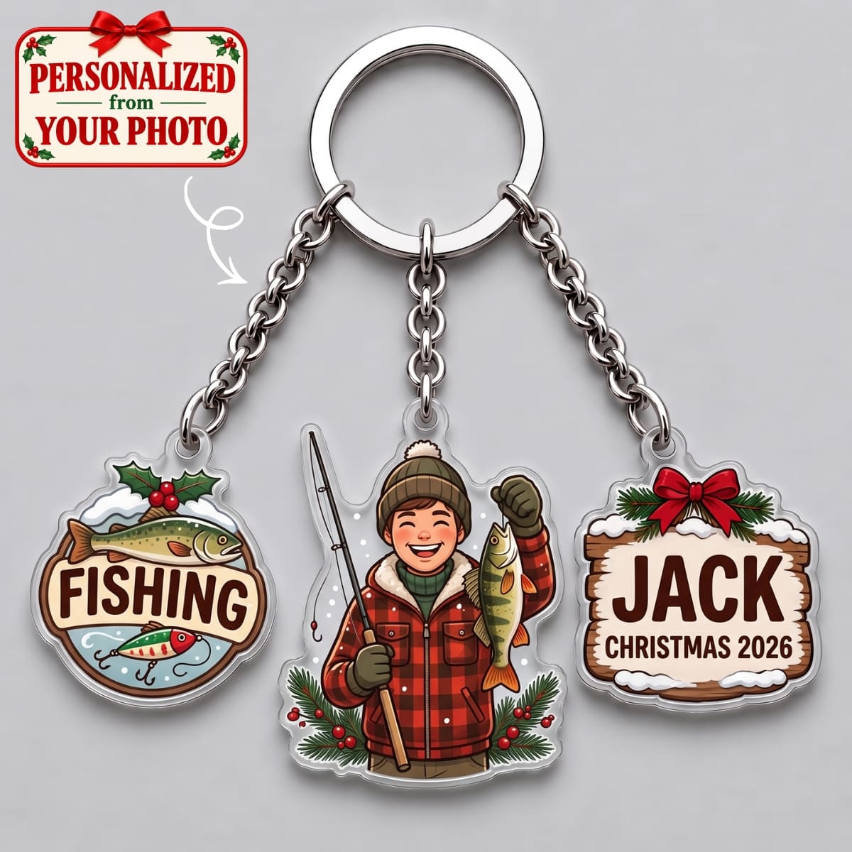 Personalized Fishing Christmas Triple Charm Keychain - Custom Photo & Names | Christmas Gift | KC01 Hobbies & Lifestyle