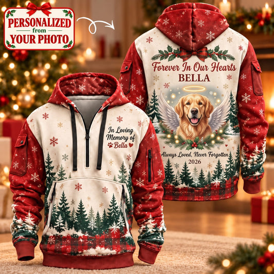 Personalized Pet Forever In Our Hearts Quarter Zipper Hoodie - Custom Photo & Name | Christmas Gift | HDZ01 Pets