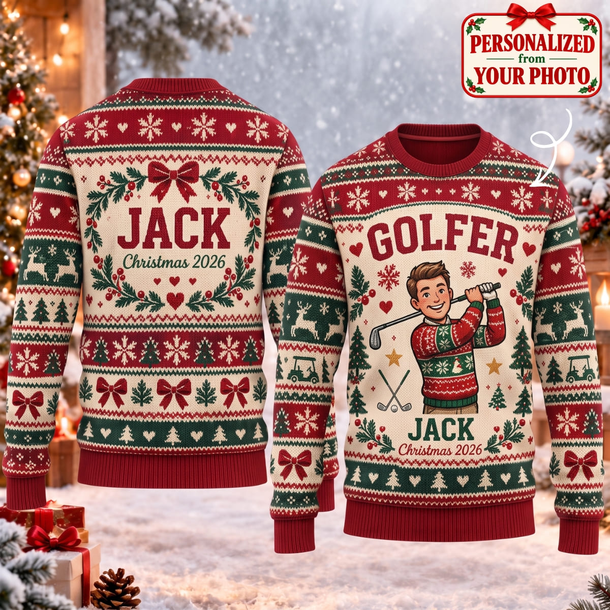 Personalized Merry Christmas Golfer Ugly Sweater - Custom Photo & Names | Christmas Gift | UGS01 Hobbies & Lifestyle