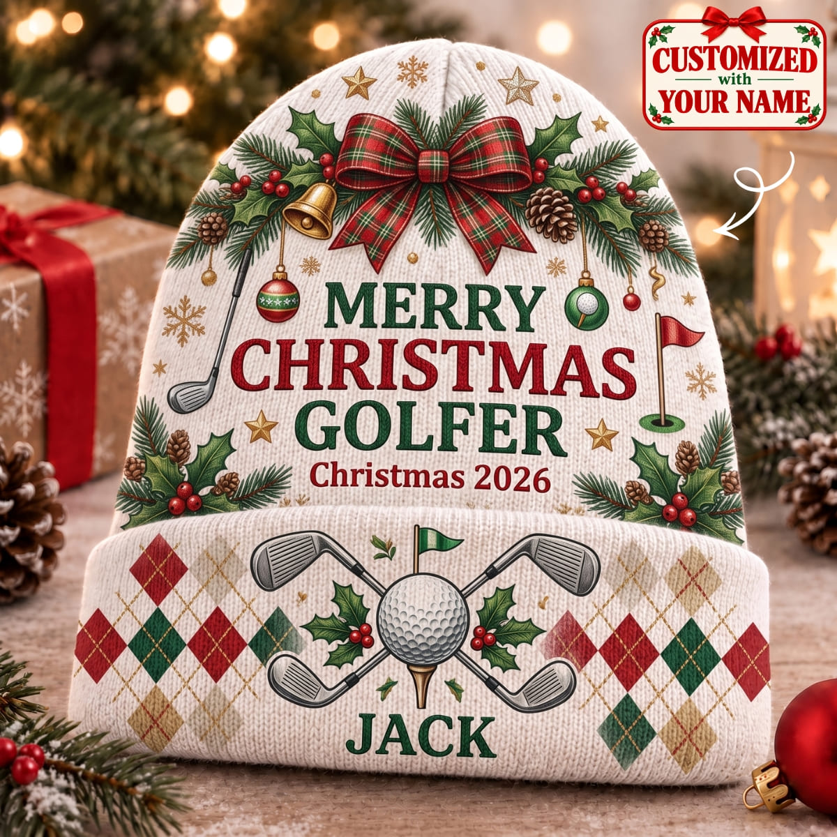 Personalized Merry Christmas Golfer Knitted Hat - Custom Name | Christmas Gift | ML01 Hobbies & Lifestyle