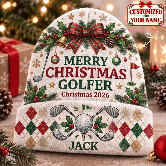 Personalized Merry Christmas Golfer Knitted Hat - Custom Name | Christmas Gift | ML01 Hobbies & Lifestyle