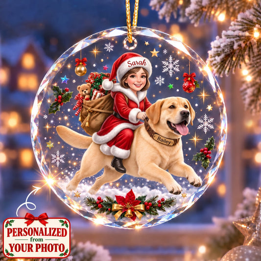 (Made In The USA) Personalized Mom & Pet Christmas Round Glass Ornament - Custom Photo, Name & Pet | Christmas Gift | ONM01 Family