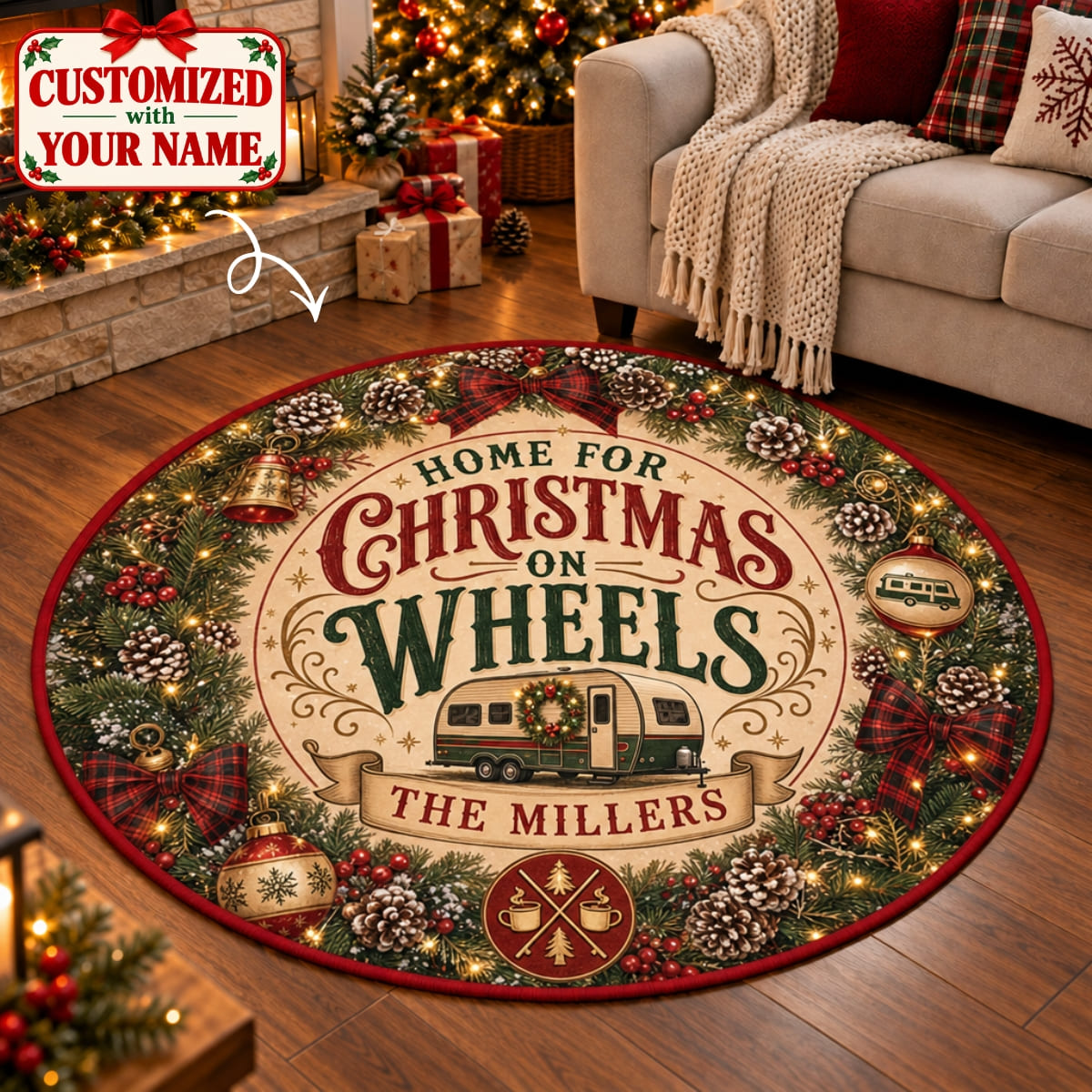 Personalized Christmas On Wheels Round Rug - Custom Name | Christmas Gift | RRD01 Hobbies & Lifestyle