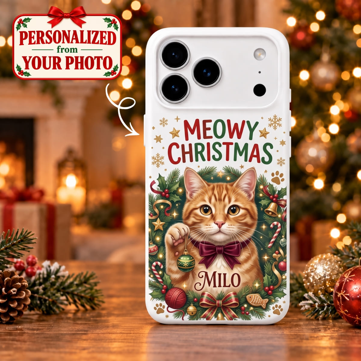 Personalized Meowy Christmas iPhone Case - Custom Photo & Name | Christmas Gift | PHC01 Pets
