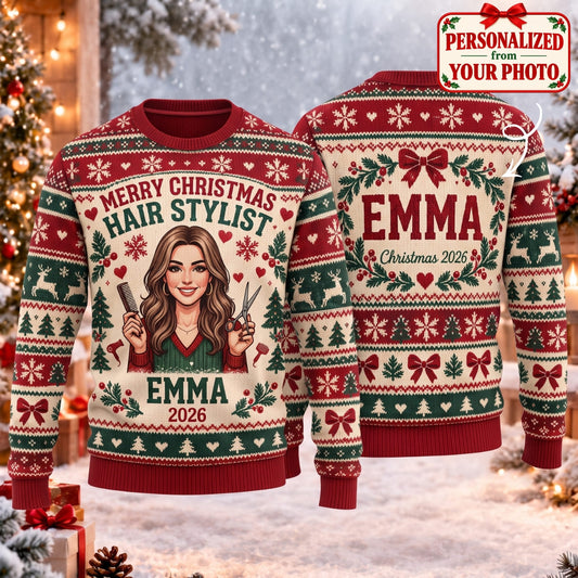 Personalized Merry Christmas Hair Stylist Ugly Sweater - Custom Photo & Names | Christmas Gift | UGS01 Occupations