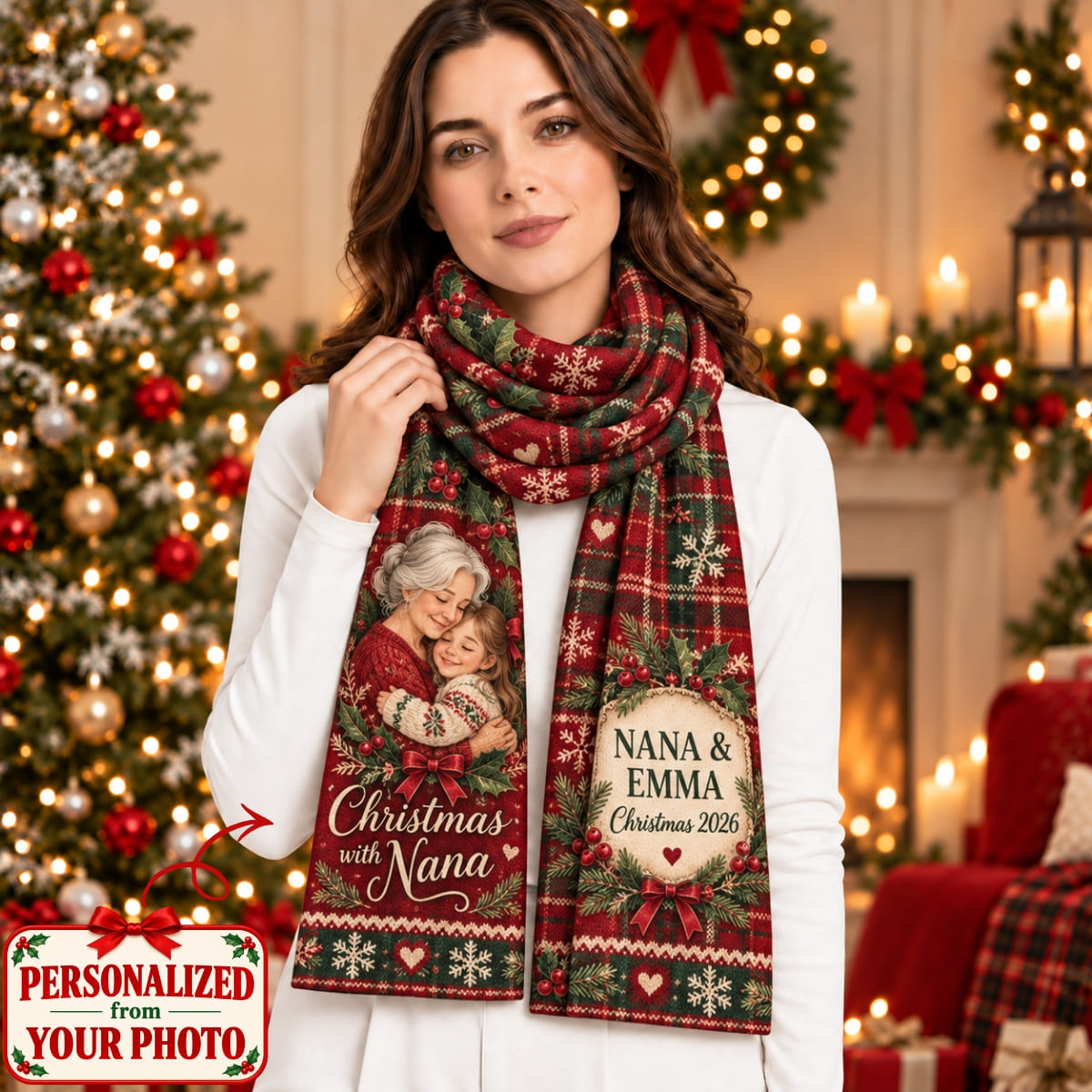 Personalized Christmas With Grandma & Grandchild Scarf - Custom Photo & Names | Christmas Gift | SCT01 Family