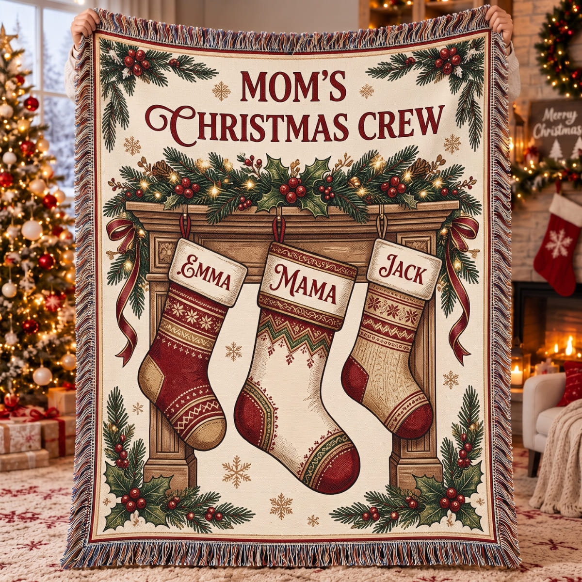 Personalized Mom's Christmas Crew Woven Blanket - Custom Name | Christmas Gift | WBL01 Family