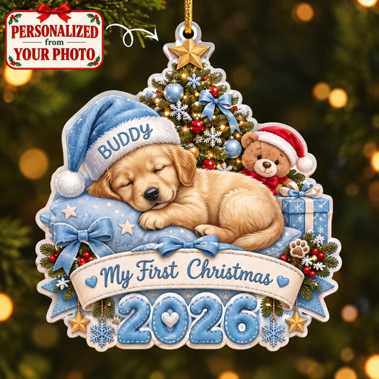 (Made In The USA) Personalized Pet My First Christmas Blue Christmas Ornament - Custom Photo & Name | Christmas Gift | ONM04 Pets