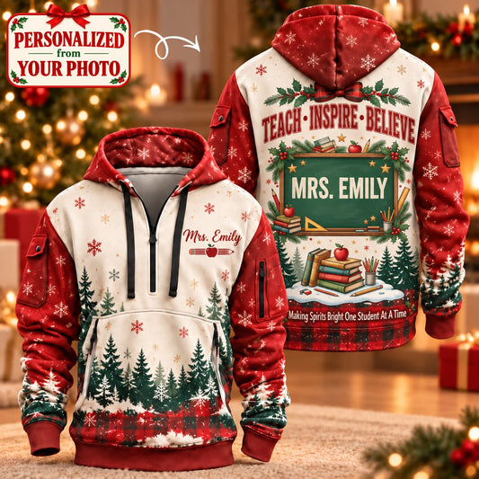 Personalized Teacher Christmas Quarter Zipper Hoodie - Custom Name | Christmas Gift | HDZ01 Occupations