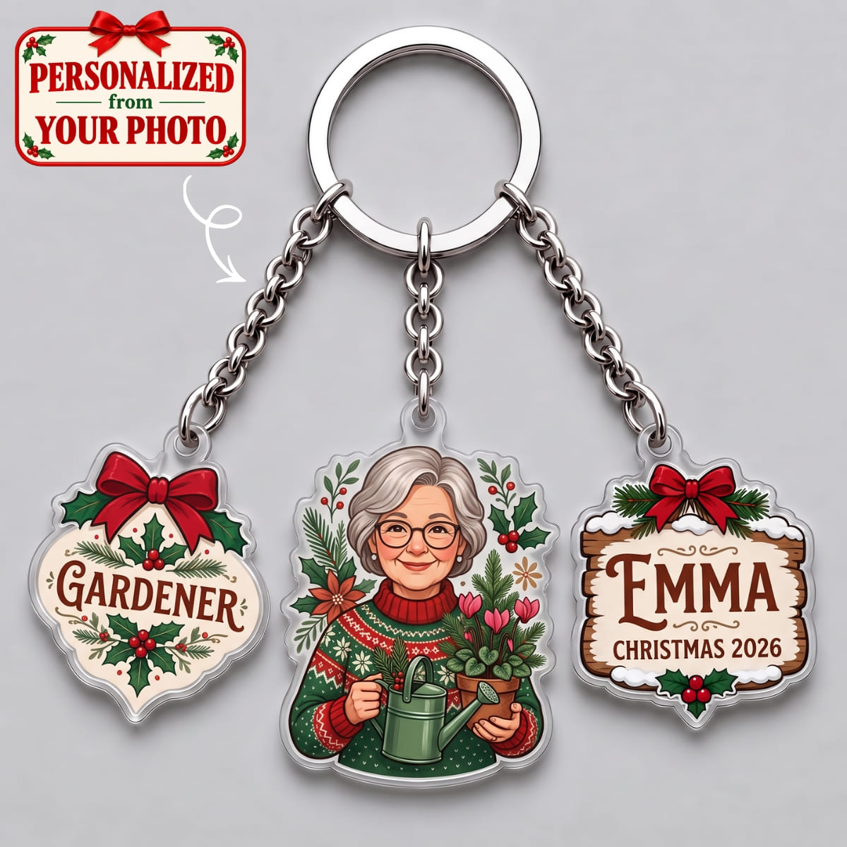 Personalized Gardener Christmas Triple Charm Keychain - Custom Photo & Names | Christmas Gift | KC01 Hobbies & Lifestyle