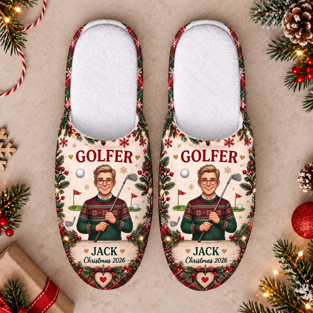 Personalized Merry Christmas Golfer Slippers - Custom Photo & Name | Christmas Gift | SLP01 Hobbies & Lifestyle