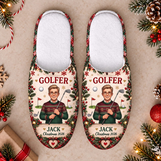Personalized Merry Christmas Golfer Slippers - Custom Photo & Name | Christmas Gift | SLP01 Hobbies & Lifestyle