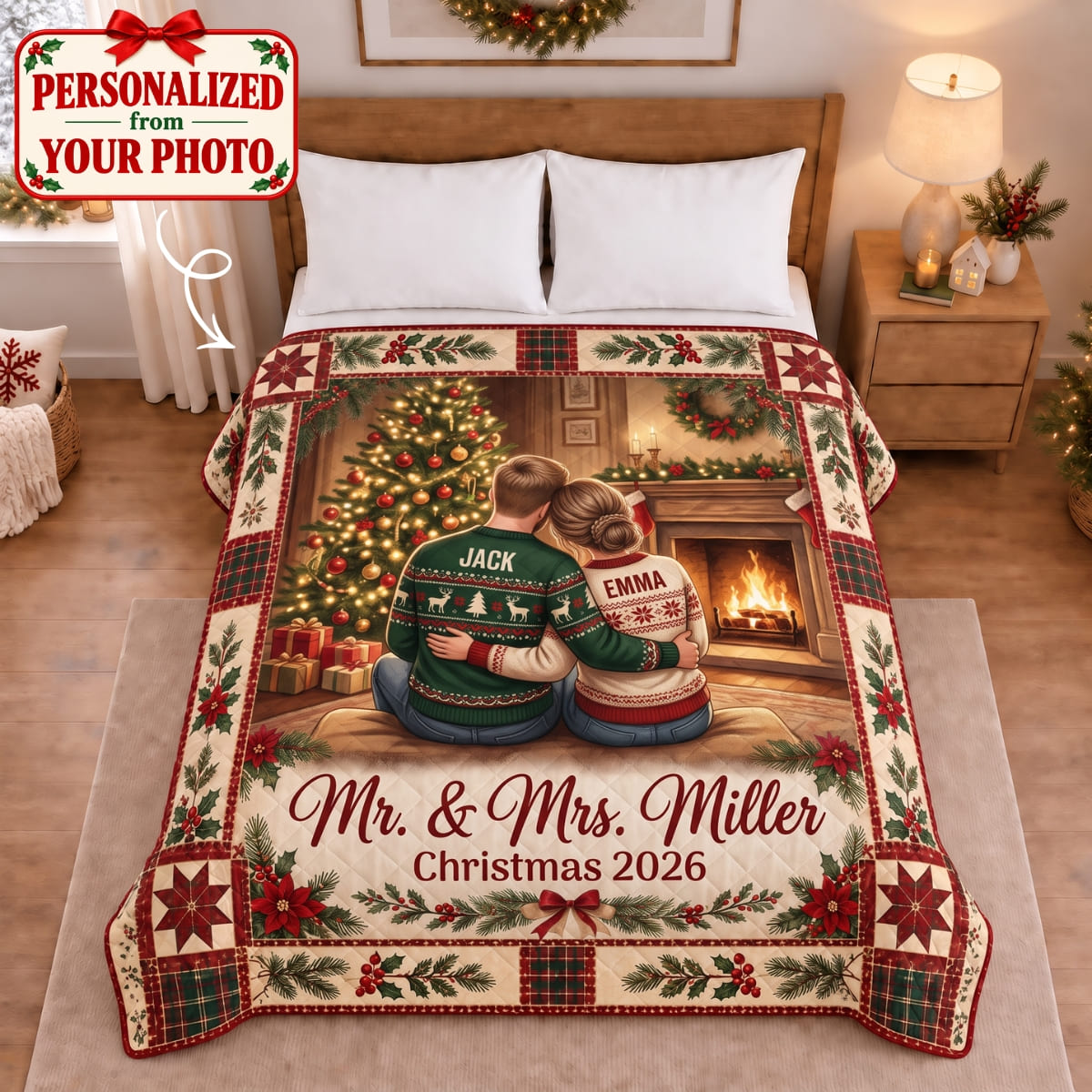 Personalized Mr. & Mrs. Quilted Blanket - Custom Photo & Name | Christmas Gift | QBL01 Couples