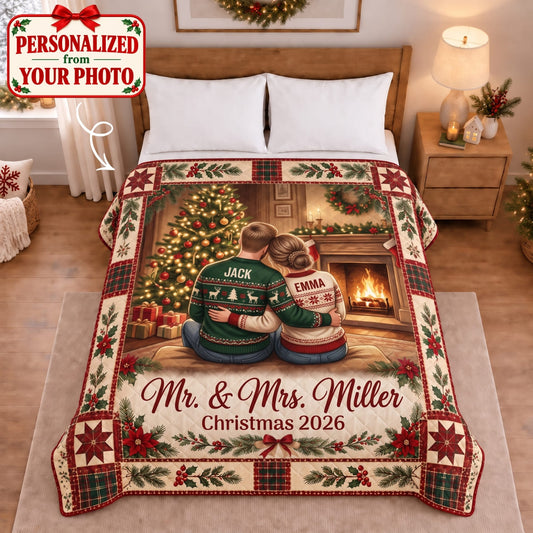 Personalized Mr. & Mrs. Quilted Blanket - Custom Photo & Name | Christmas Gift | QBL01 Couples