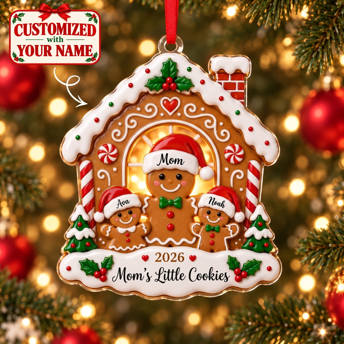(Made In The USA) Personalized Mom's Christmas Gingerbread House Acrylic Ornament - Custom Name | Christmas Gift | ONM02 Family