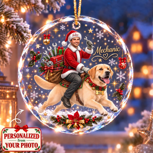 (Made In The USA) Personalized Mechanic & Pet Christmas Round Glass Ornament - Custom Photo, Name & Pet | Christmas Gift | ONM01 Occupations
