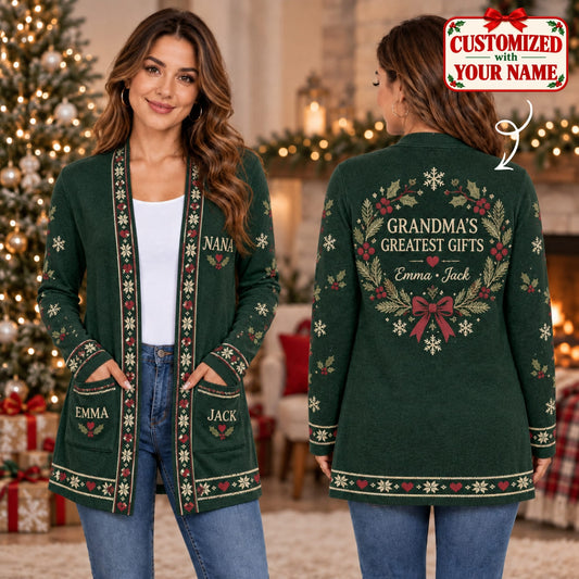 Personalized Grandma & Grandchild Christmas Long Sleeve Cardigan - Custom Name | Christmas Gift | CDG01 Family