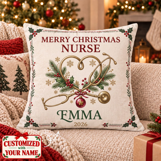 Personalized Merry Christmas Nurse Pillow - Custom Name | Christmas Gift | HPL01 Occupations