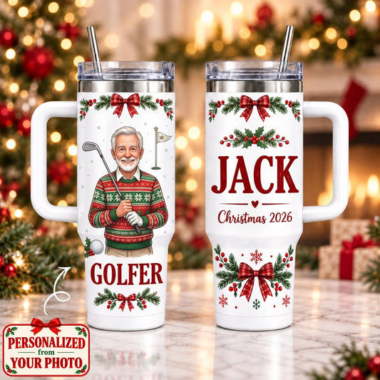 Personalized Golfer Christmas 40oz Tumbler with Handle – Custom Photo & Names | Christmas Gift | TBL01 Hobbies & Lifestyle