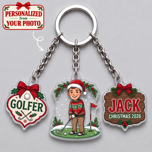 Personalized Golfer Christmas Triple Charm Keychain - Custom Photo & Names | Christmas Gift | KC01 Hobbies & Lifestyle