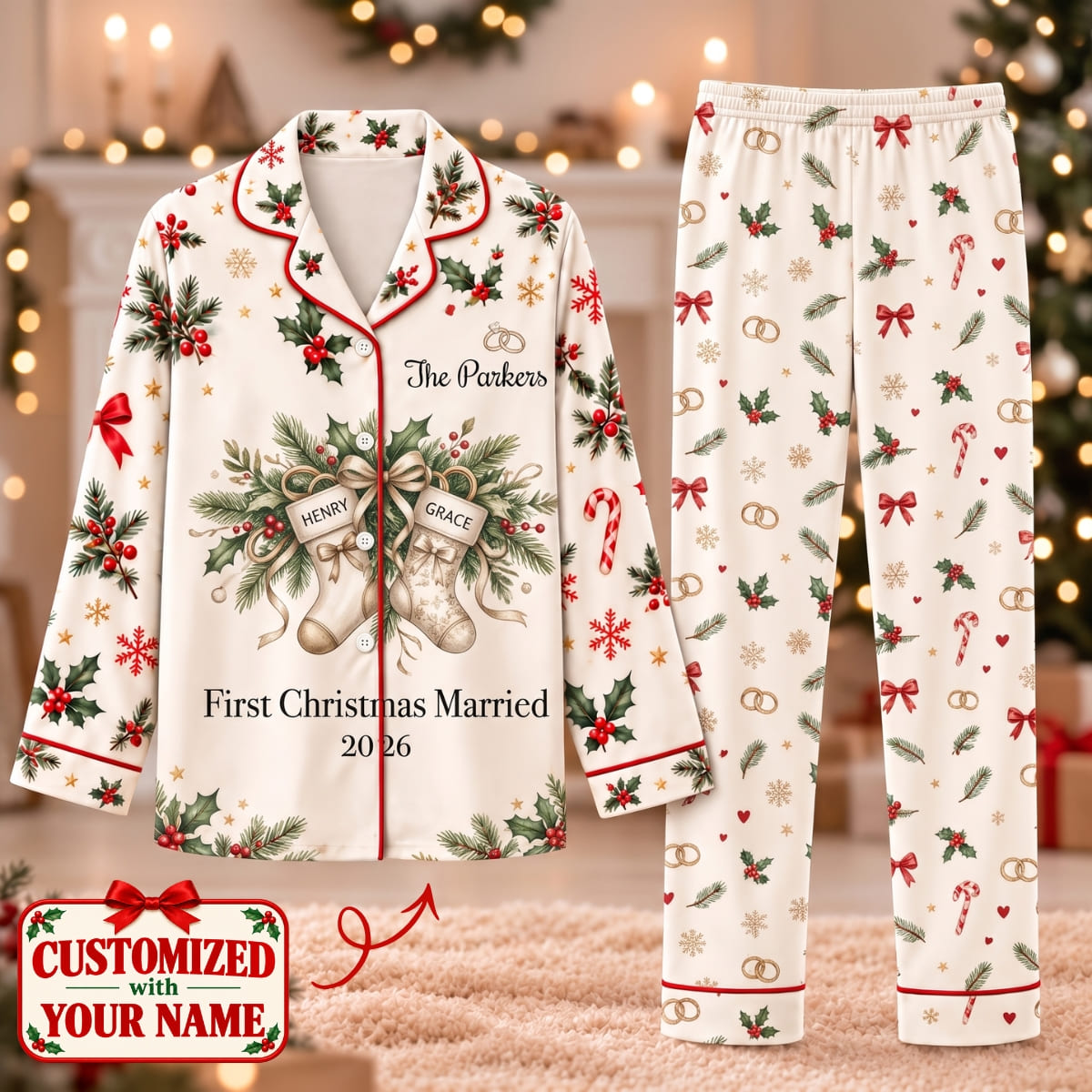 Personalized Our First Christmas Married Long Pajama Set - Custom Name | Christmas Gift | PYM01 Couples