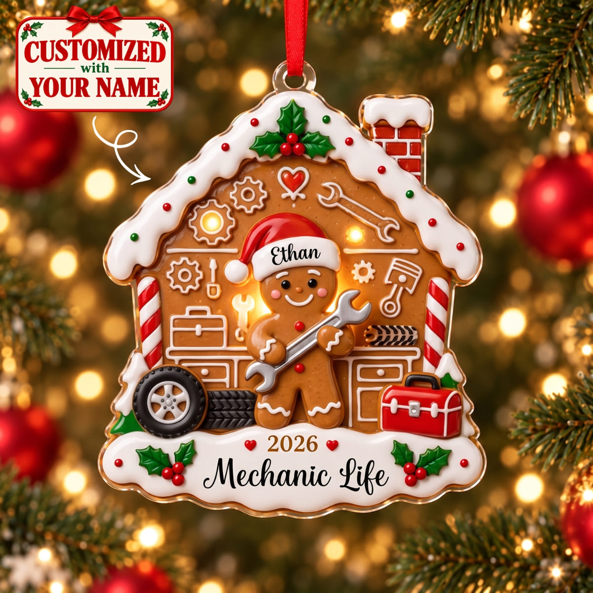 (Made In The USA) Personalized Mechanic Christmas Gingerbread House Acrylic Ornament - Custom Name | Christmas Gift | ONM02 Occupations