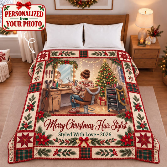Personalized Merry Christmas Hair Stylist Quilted Blanket - Custom Photo & Name | Christmas Gift | QBL01 Occupations